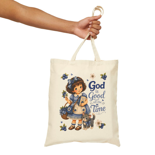 Christian Canvas Tote Bag, Blueberry Cottagecore Gift- God is Good all the Time