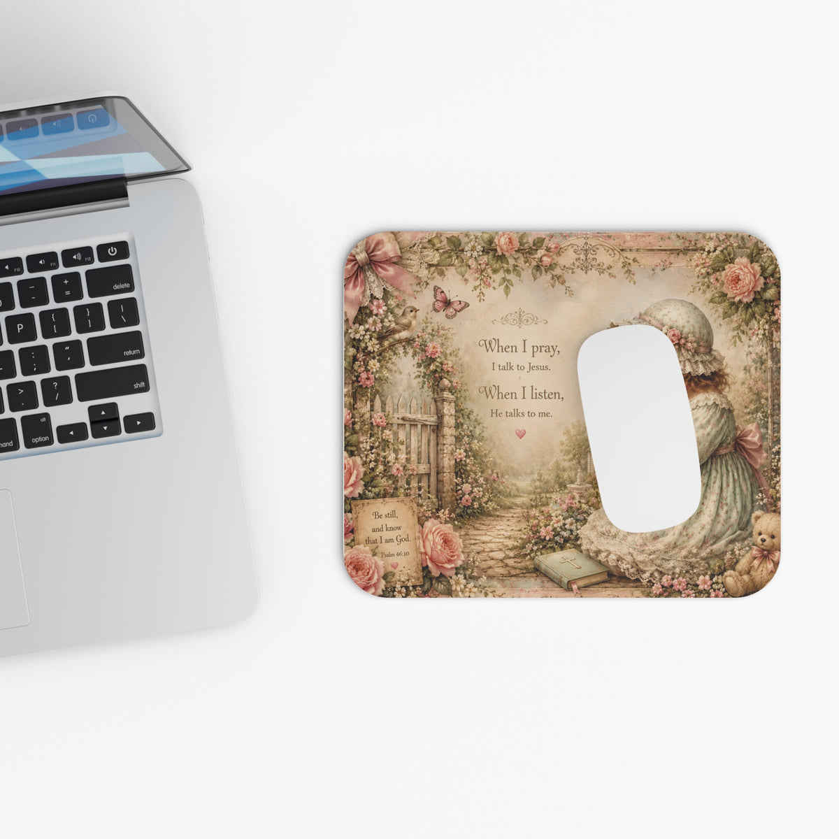 Devotional Mouse Pad – Prayerful Cottage Garden Scene with Floral Trim & Pastel Wash
