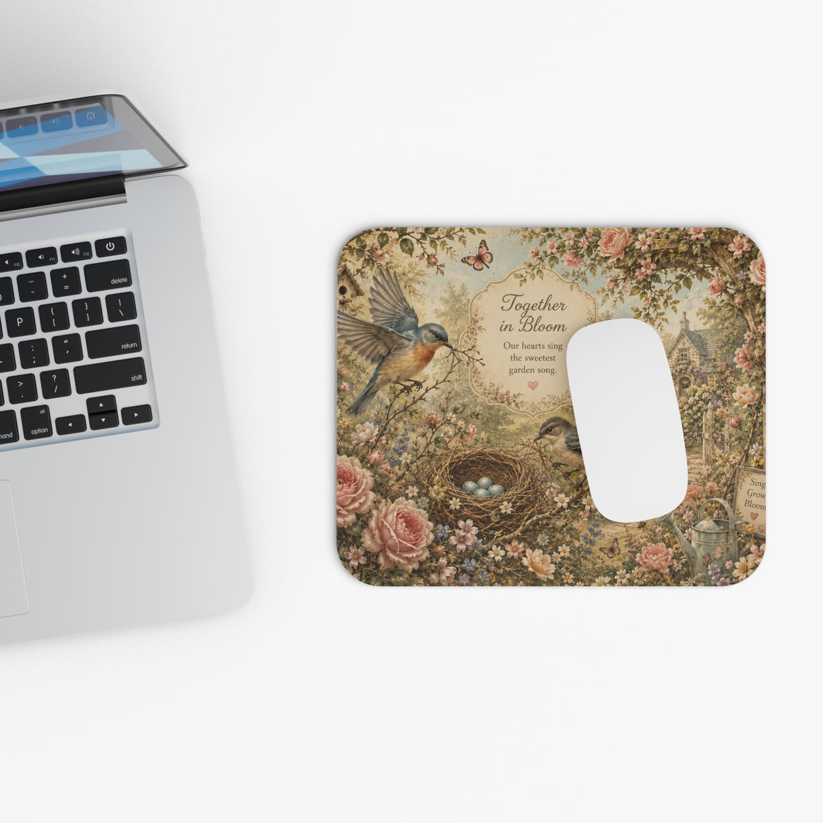 Together in Bloom – Soft Pastel Floral Mouse Pad with Birds