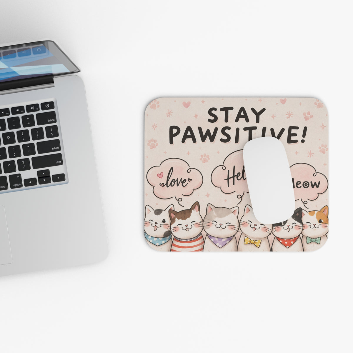 Stay Pawsitive Cute Cats Mouse Pad | Kawaii Cat Desk Mat, Paw Prints