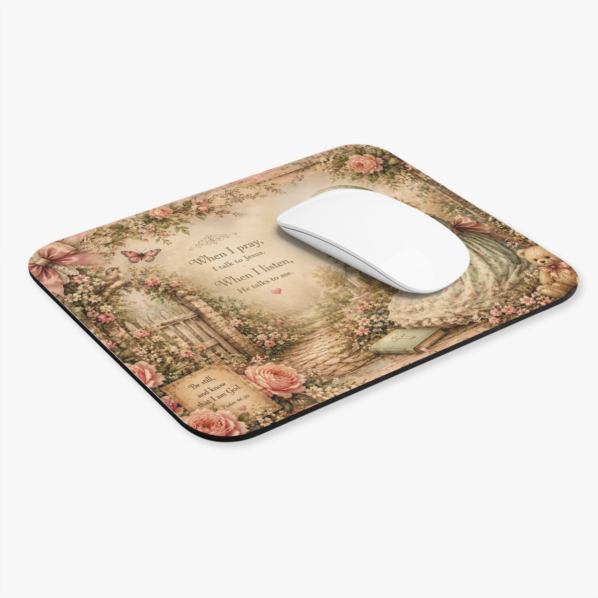 Devotional Mouse Pad – Prayerful Cottage Garden Scene with Floral Trim & Pastel Wash