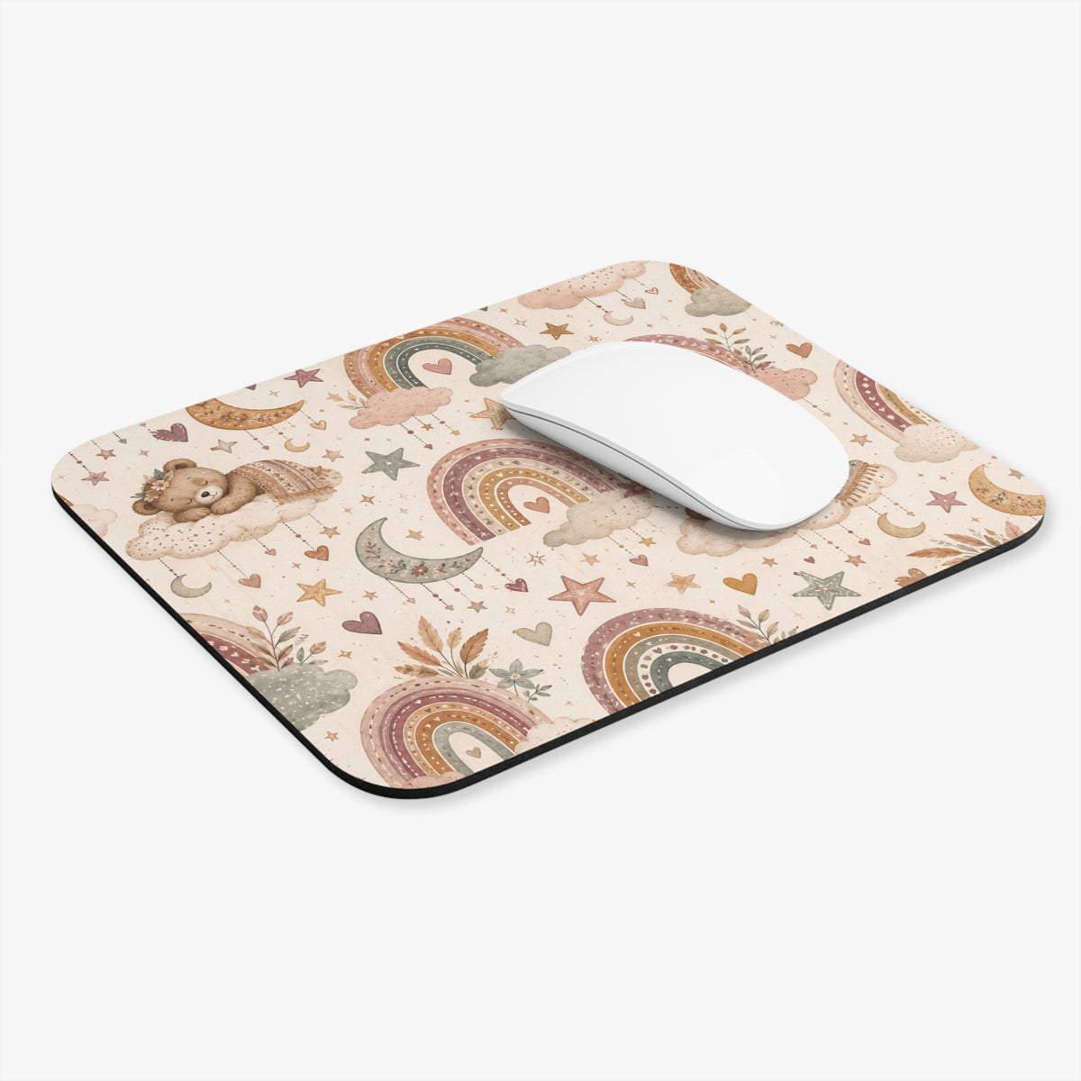 Boho Rainbow Teddy Bear Mouse Pad | Nursery Inspired Desk Accessory | Dreamy Rainbow Workspace Decor | Cute Gift for Her