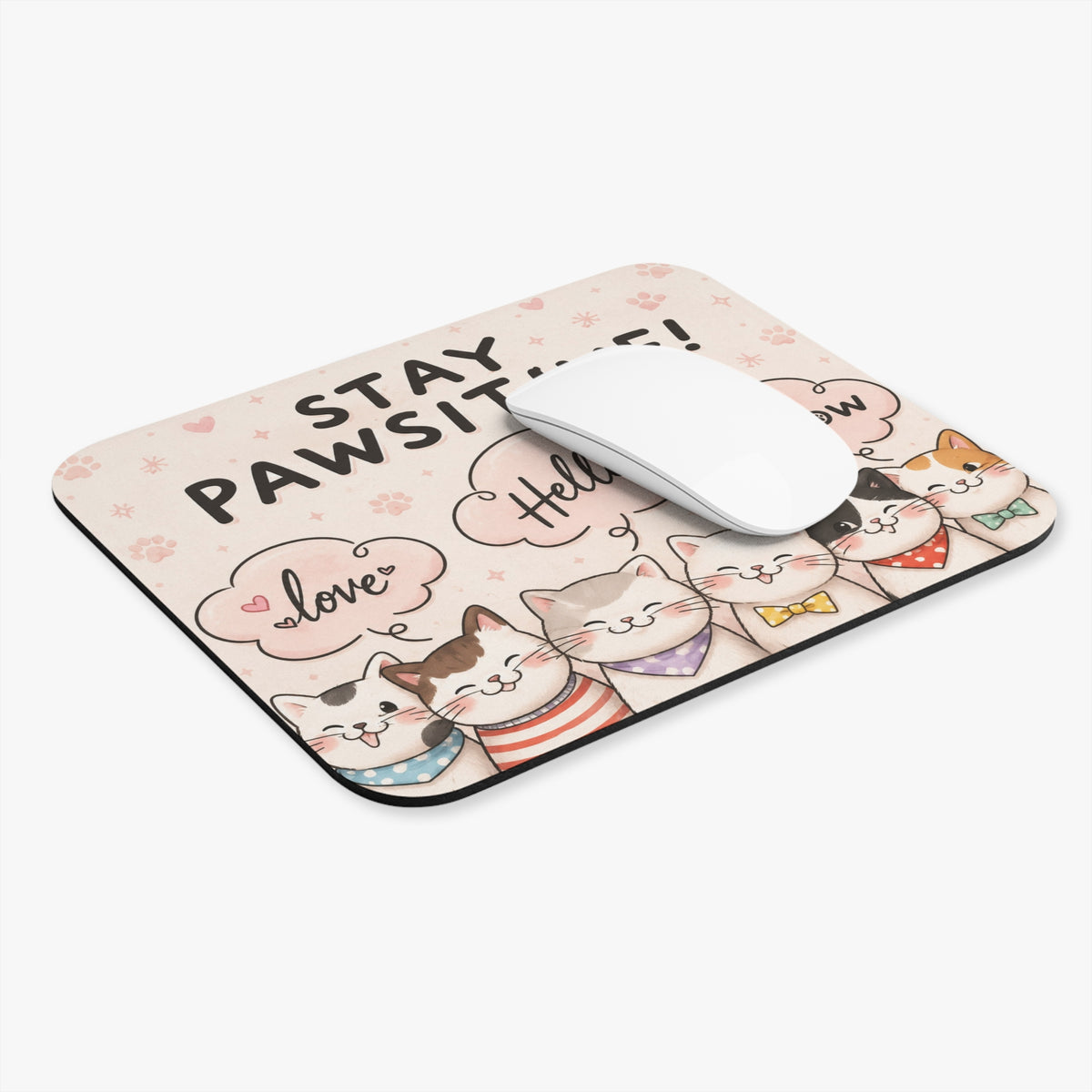 Stay Pawsitive Cute Cats Mouse Pad | Kawaii Cat Desk Mat, Paw Prints