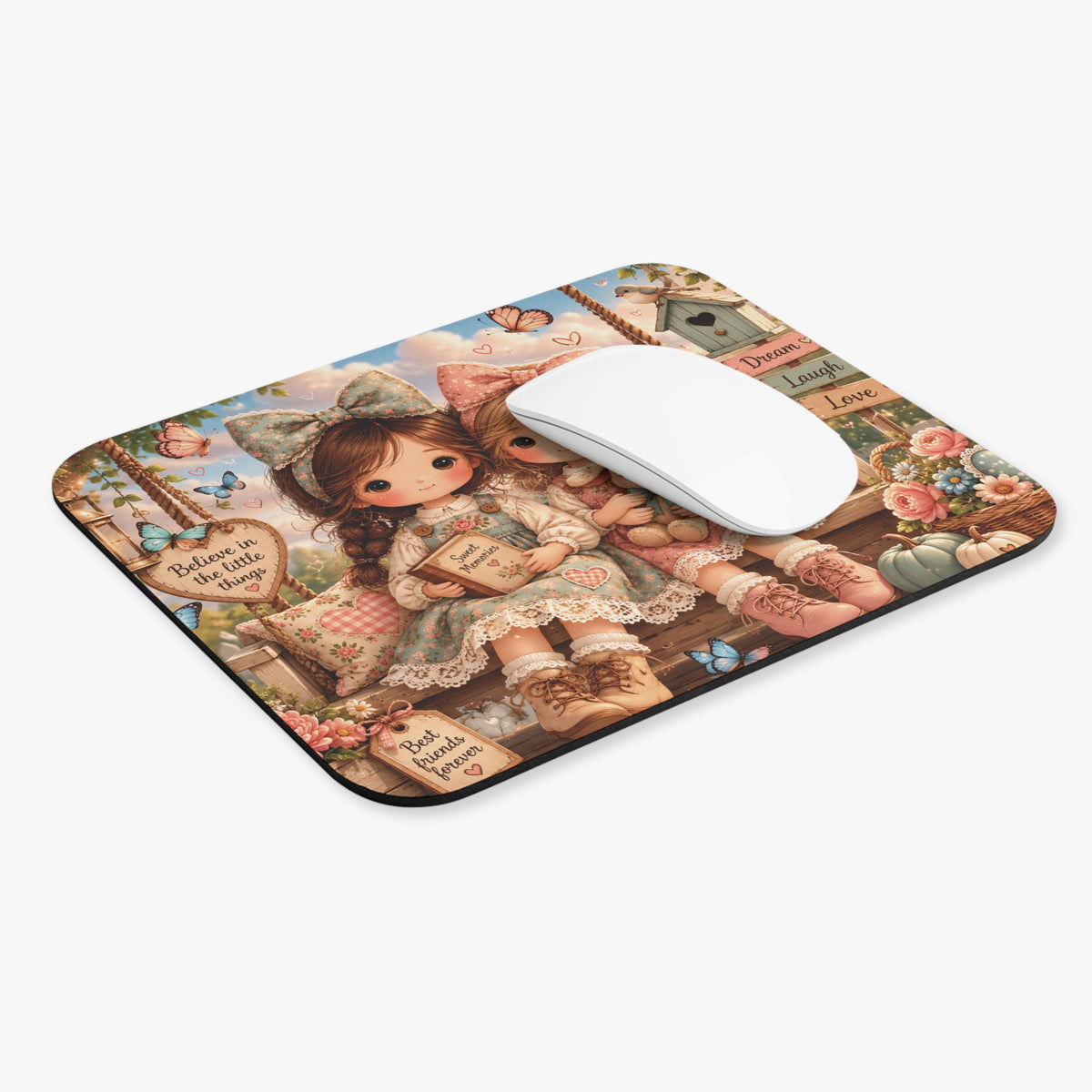 Best Friends Mouse Pad | Sweet Memories Cottagecore Desk Accessory | Cute Friendship Gift | Storybook Girl Mouse Pad