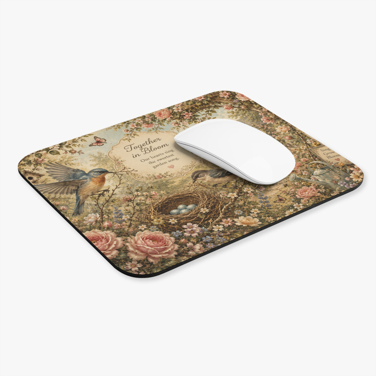 Together in Bloom – Soft Pastel Floral Mouse Pad with Birds