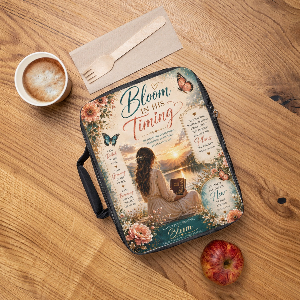 Bloom in His Timing Christian Bible Cover | Zippered Bible Case with Handle