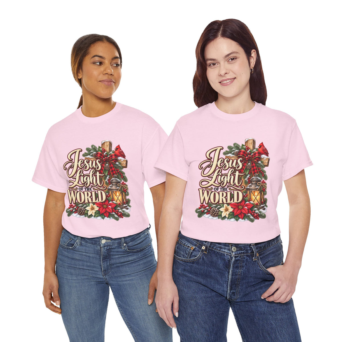 Light pink Christmas shirts on models