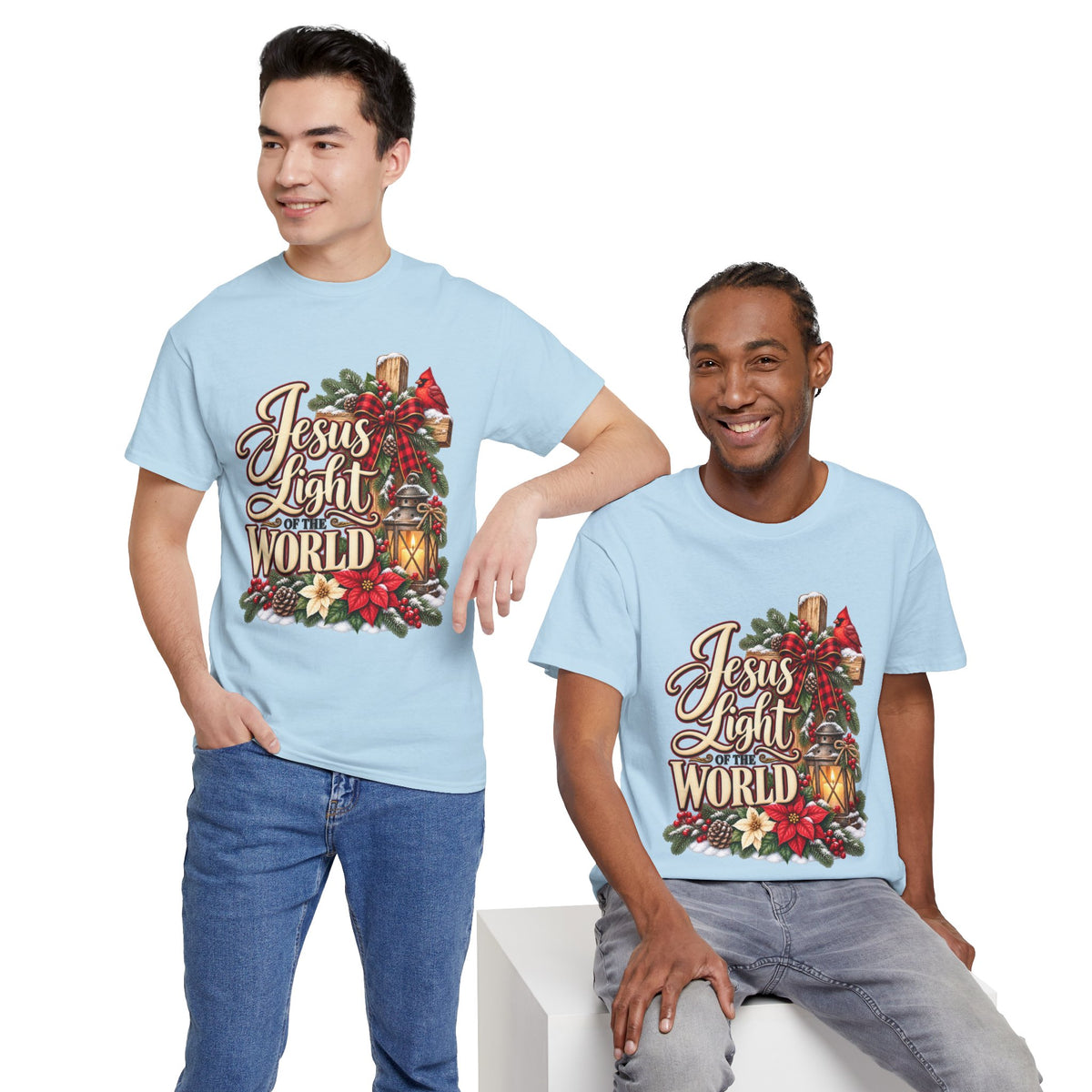 Light blue Christmas shirts on models