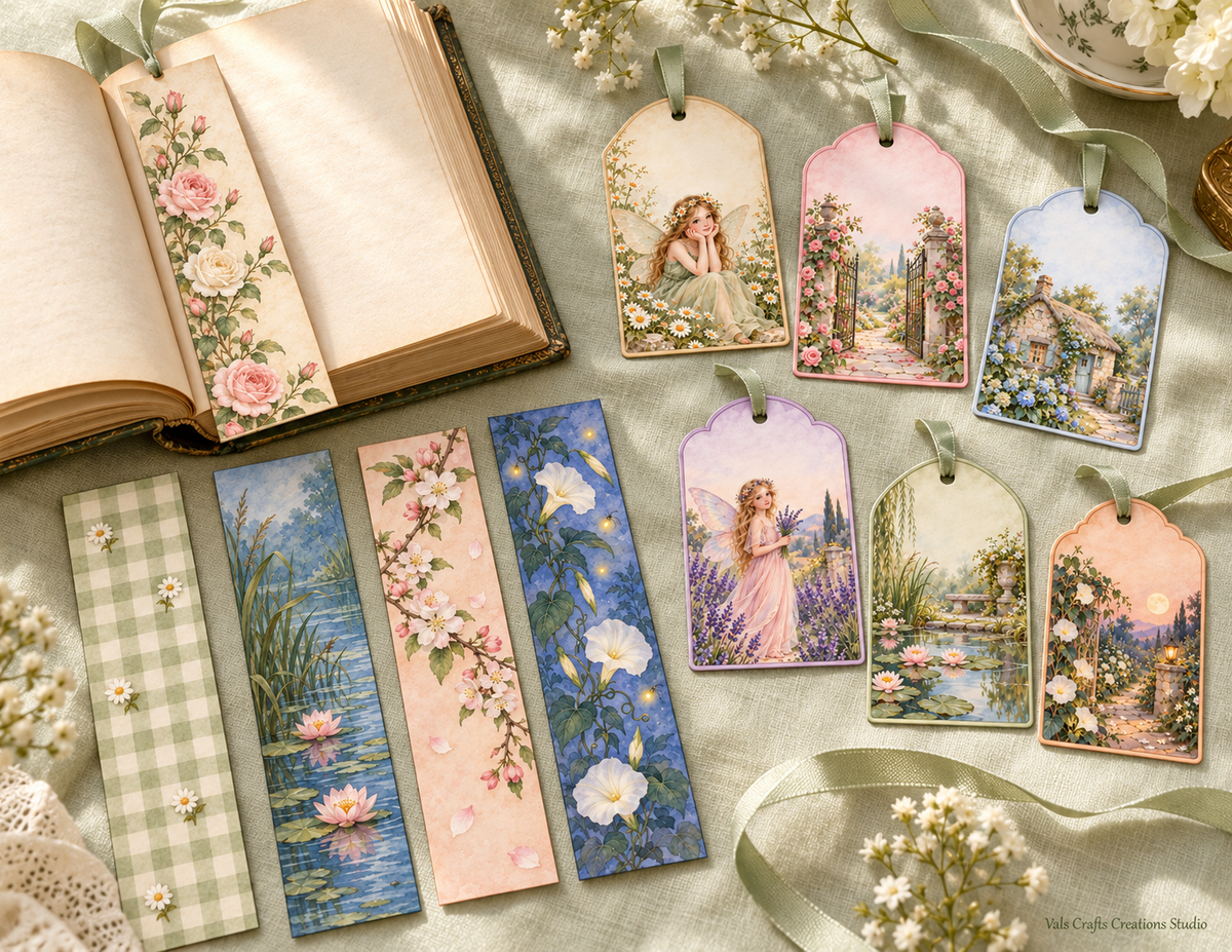 Fairies Garden printed paper kit bookmarks and tags lifestyle mockup