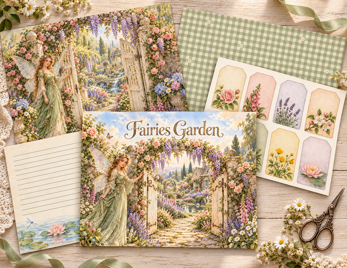 Fairies Garden printed paper kit complete kit flat lay lifestyle mockup
