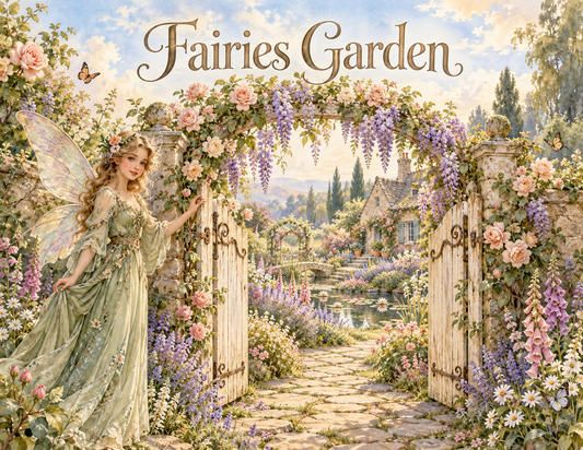 Fairies Garden printed paper kit cover with fairy welcoming at rose gate
