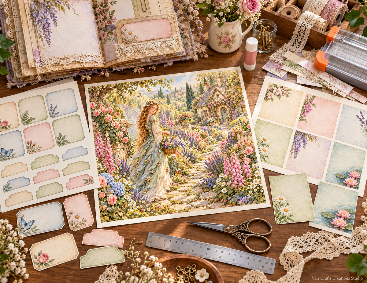 Fairies Garden printed paper kit crafting in progress lifestyle mockup