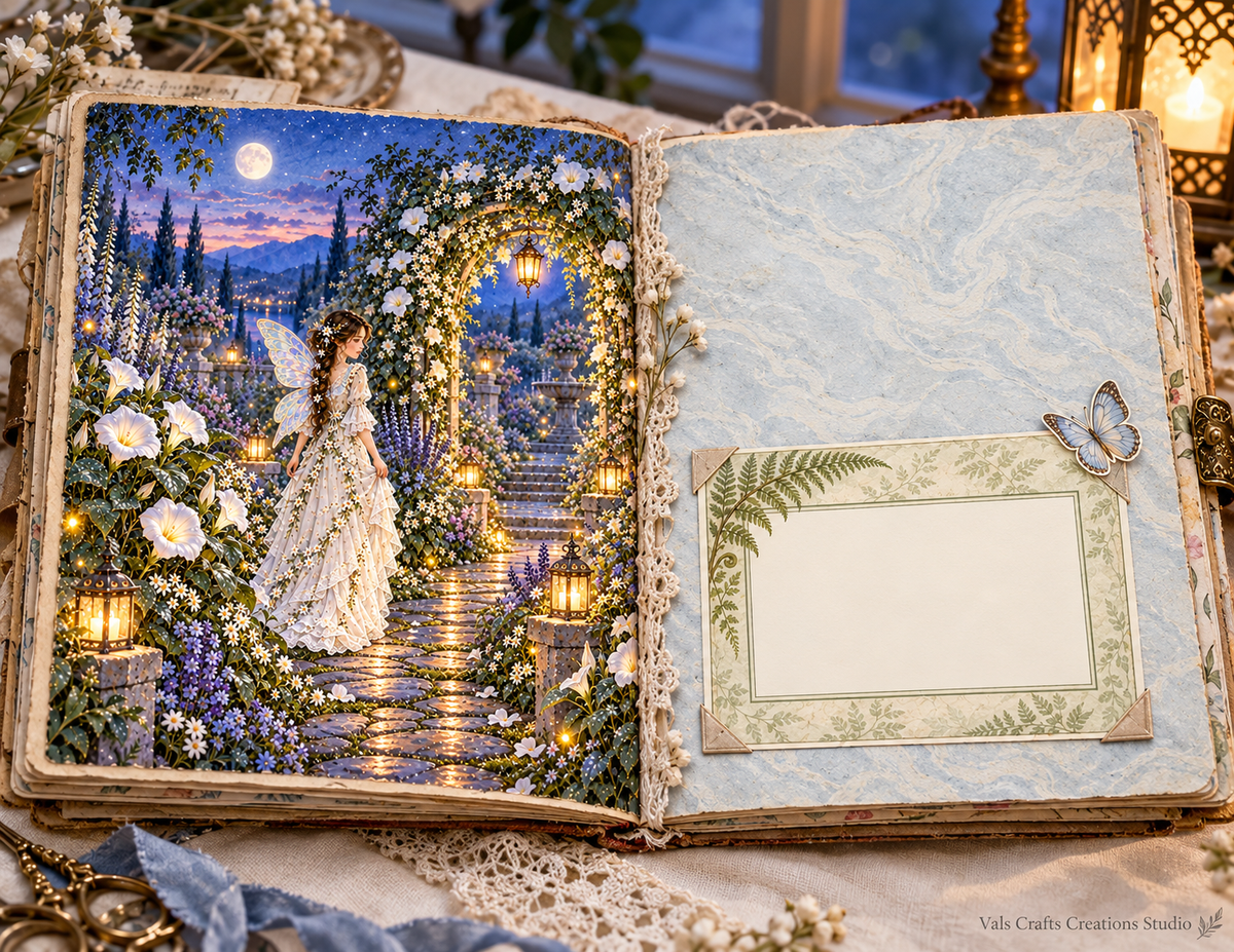 Fairies Garden printed paper kit layered journal spread lifestyle mockup