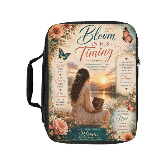 Bloom in His Timing Christian Bible Cover | Zippered Bible Case with Handle