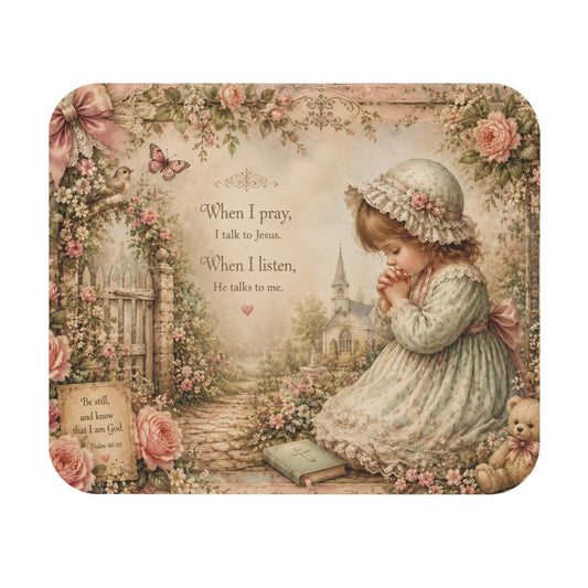 Devotional Mouse Pad – Prayerful Cottage Garden Scene with Floral Trim & Pastel Wash