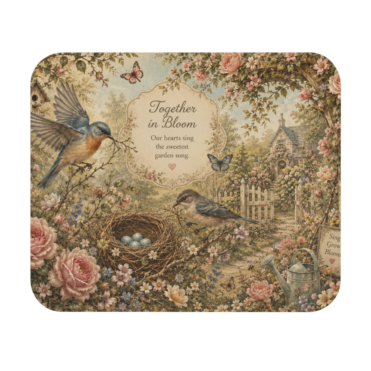 Together in Bloom – Soft Pastel Floral Mouse Pad with Birds
