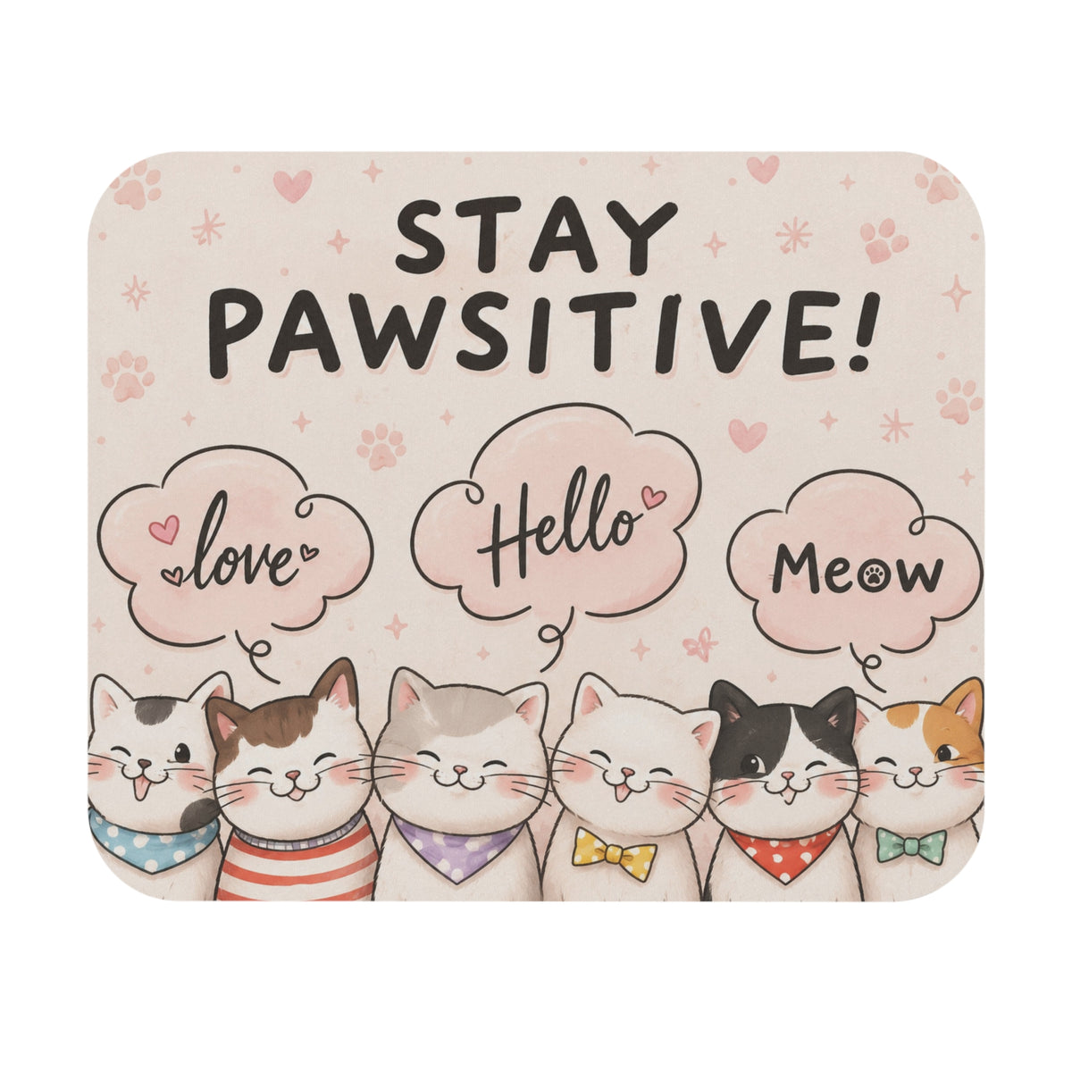 Stay Pawsitive Cute Cats Mouse Pad | Kawaii Cat Desk Mat, Paw Prints