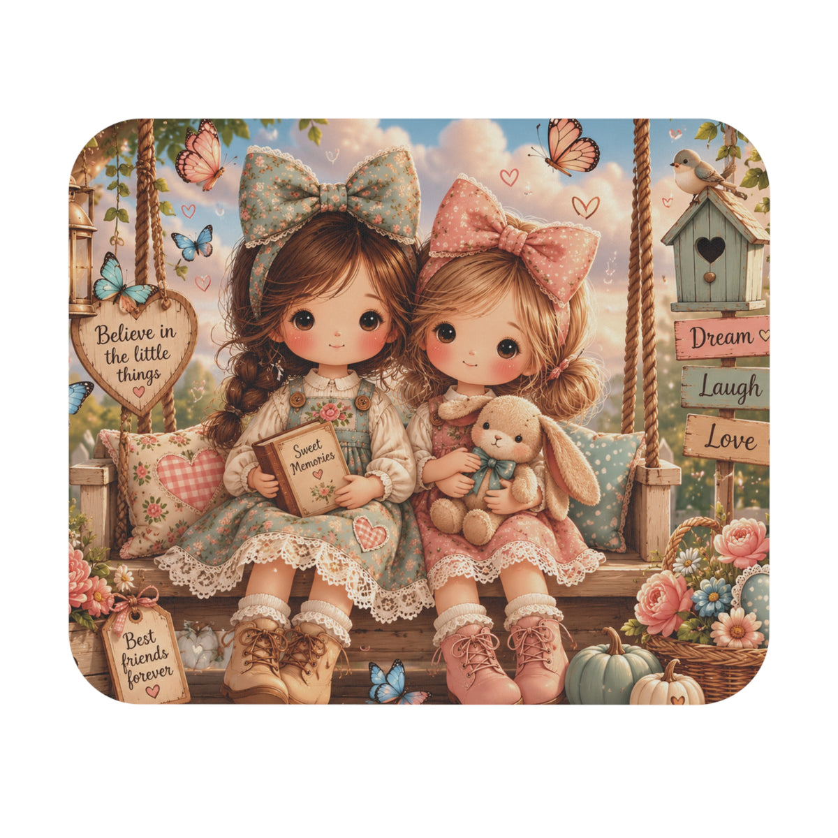 Best Friends Mouse Pad | Sweet Memories Cottagecore Desk Accessory | Cute Friendship Gift | Storybook Girl Mouse Pad