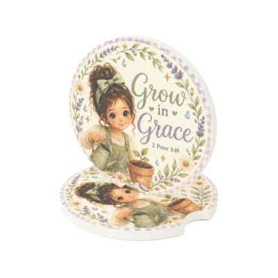 Grow in Grace car coaster | Christian scripture 2 Peter 3:18, floral girl design