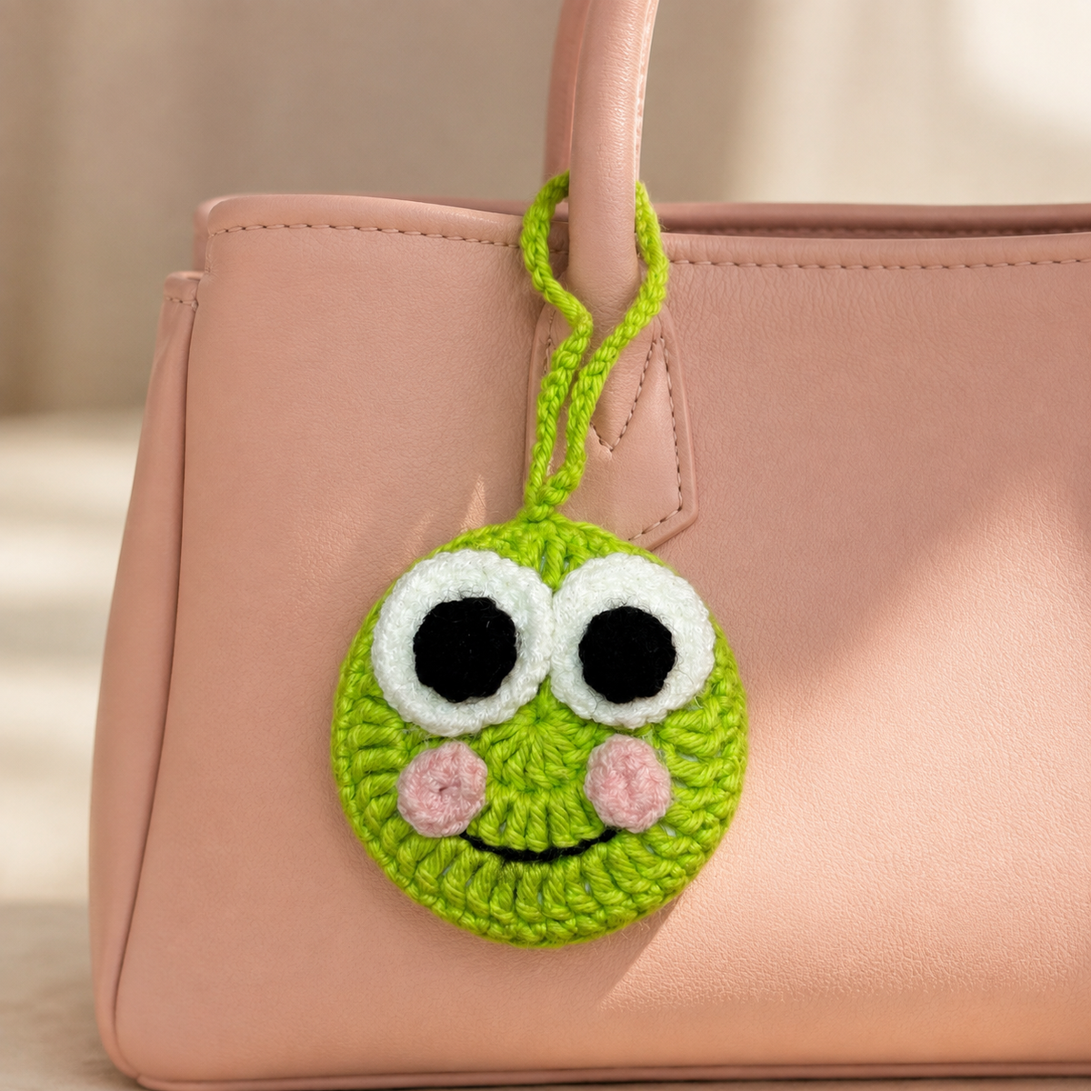 Green Frog Face Crochet Pocket Mirror Charm – Handmade Purse Accessory