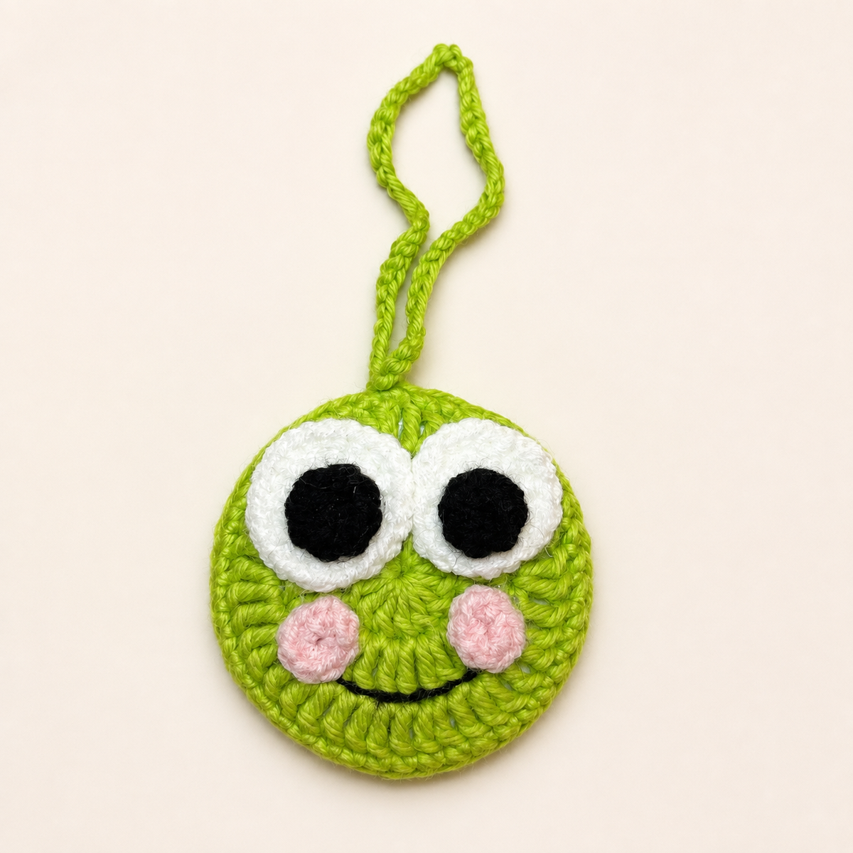 Green Frog Face Crochet Pocket Mirror Charm – Handmade Purse Accessory