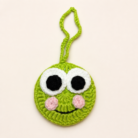 Green Frog Face Crochet Pocket Mirror Charm – Handmade Purse Accessory