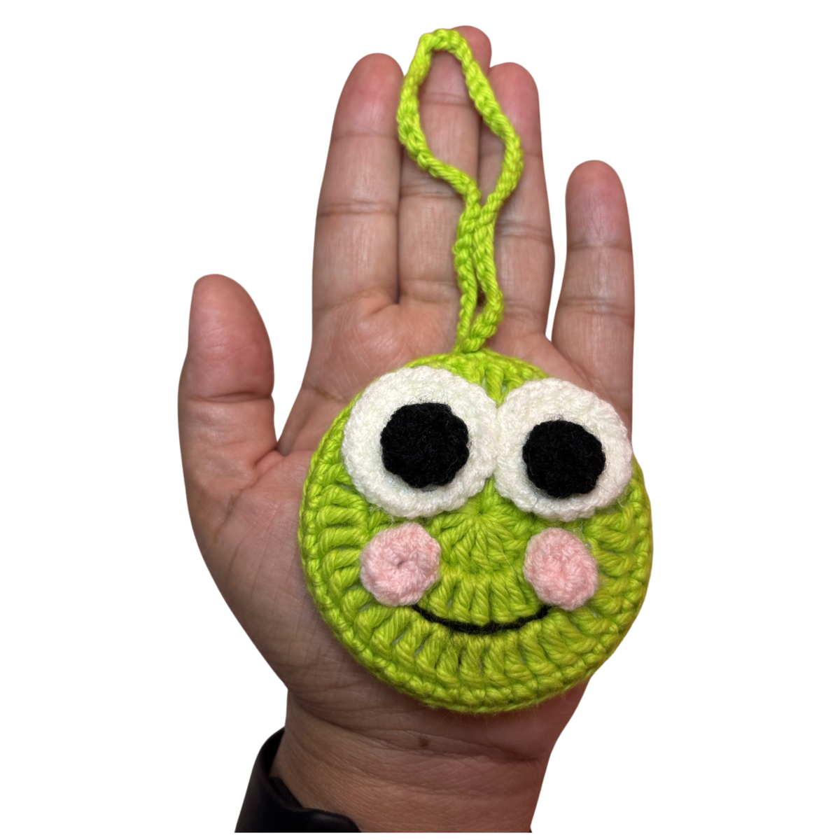 Green Frog Face Crochet Pocket Mirror Charm – Handmade Purse Accessory