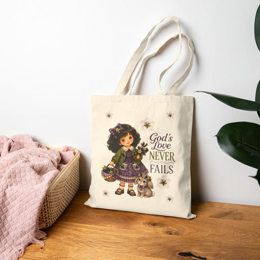Christian Canvas Tote Bag, Blackberry Cottagecore Tote - God's Love Never fails