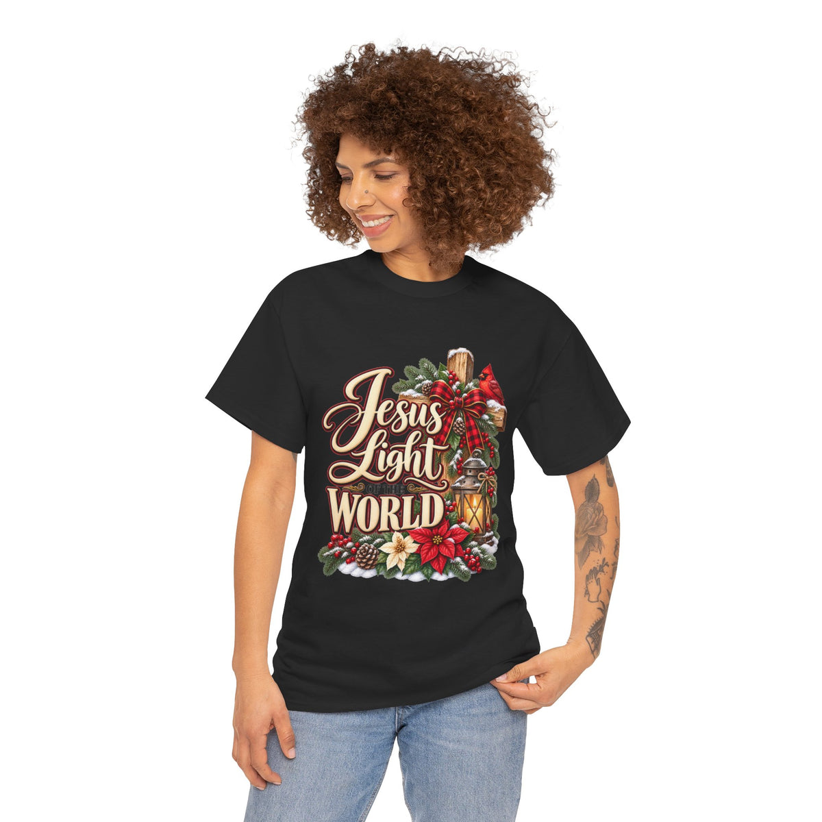 Model wearing black Christian Christmas tee