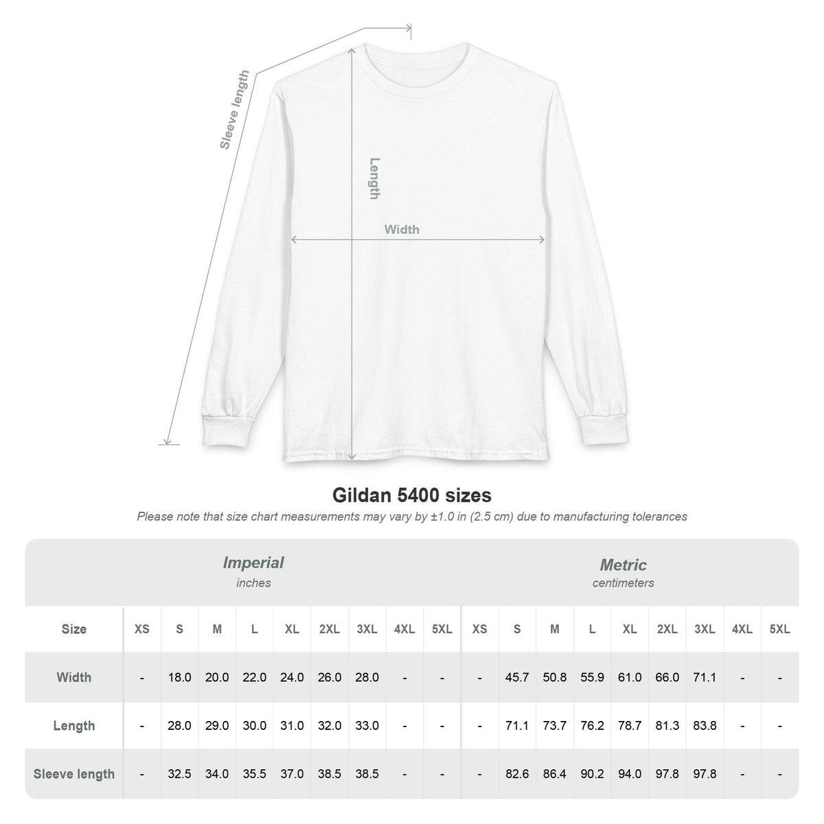 Gildan 5400 long sleeve shirt size chart