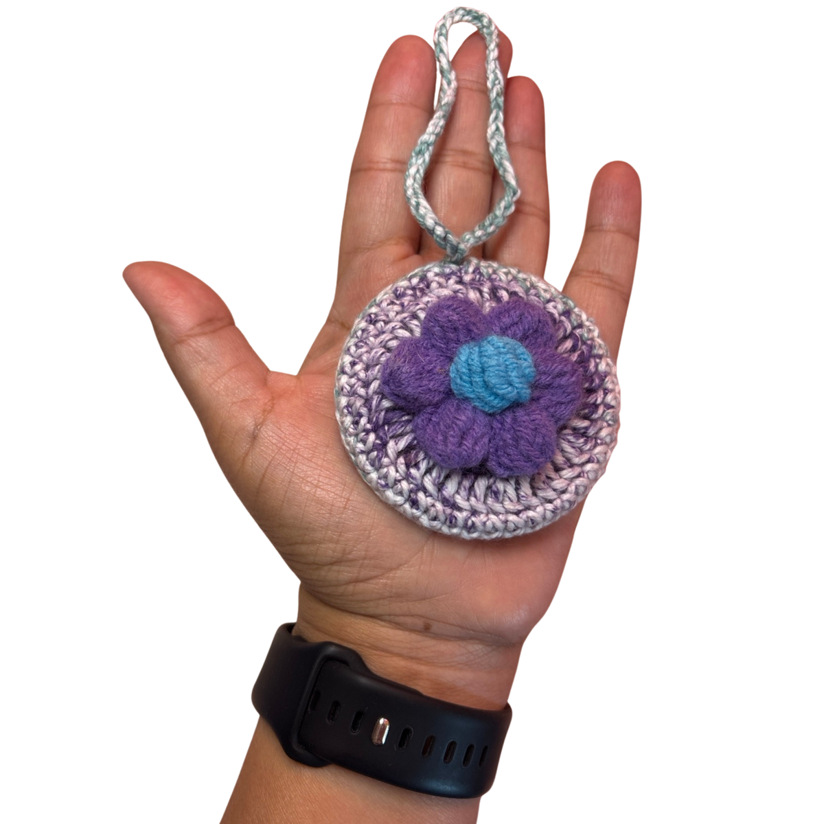Purple Flower Crochet Pocket Mirror Charm – Handmade Purse Accessory