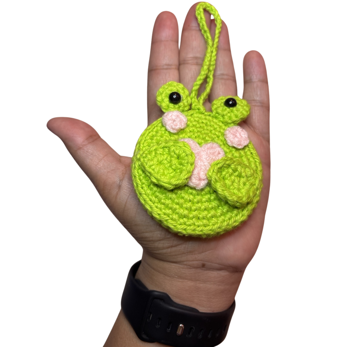 Green Frog Crochet Pocket Mirror Charm with Pink Heart