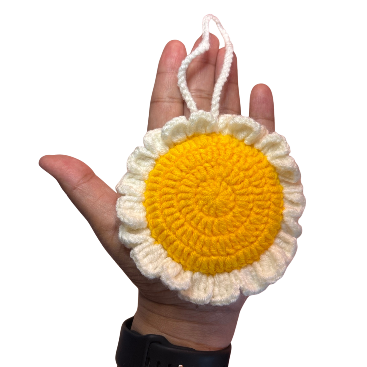White Daisy Crochet Pocket Mirror Charm – Handmade Purse Accessory