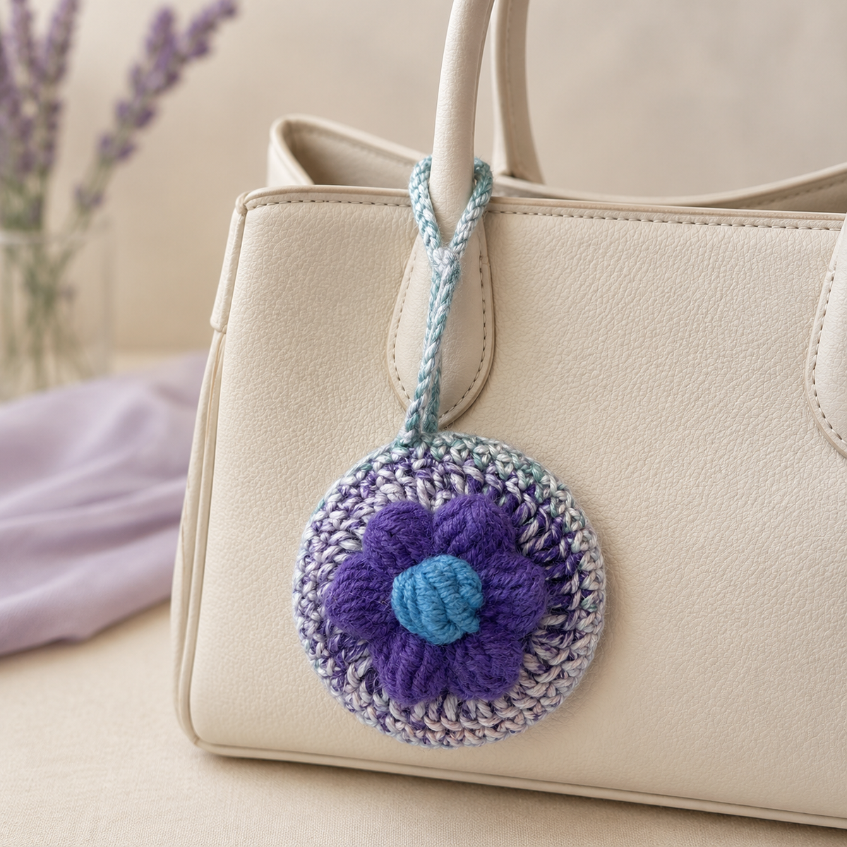 Purple Flower Crochet Pocket Mirror Charm – Handmade Purse Accessory