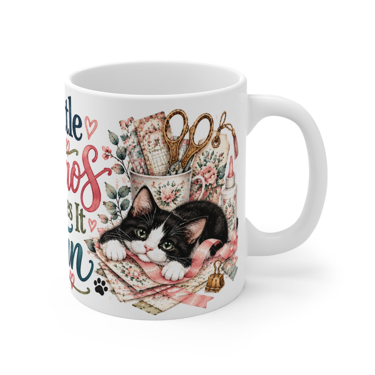 Right side view of A Little Chaos Makes It Fun tuxedo cat papercraft ceramic mug with craft papers