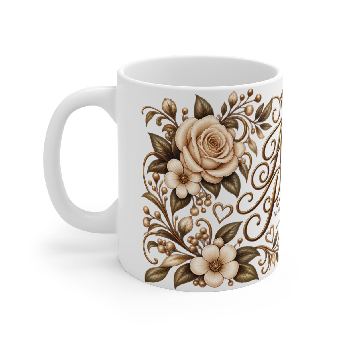 Left side view of Always Protected Isaiah 54:17 floral ceramic mug