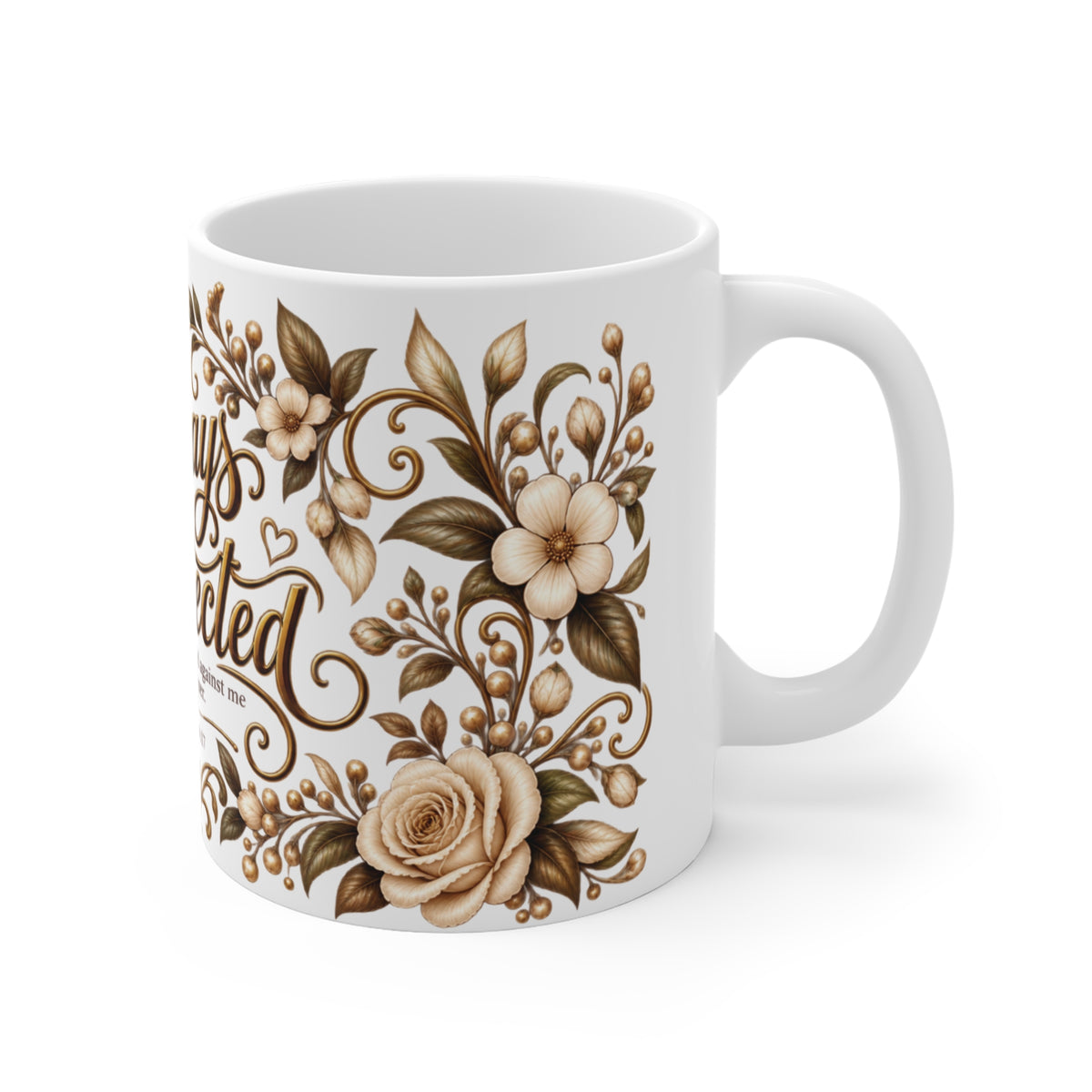Right side view of Always Protected Isaiah 54:17 floral ceramic mug