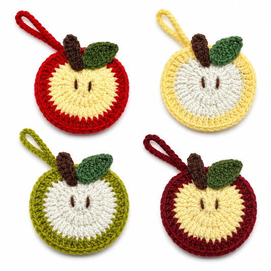 Handmade crochet apple mini pouches in red, yellow, green, and burgundy