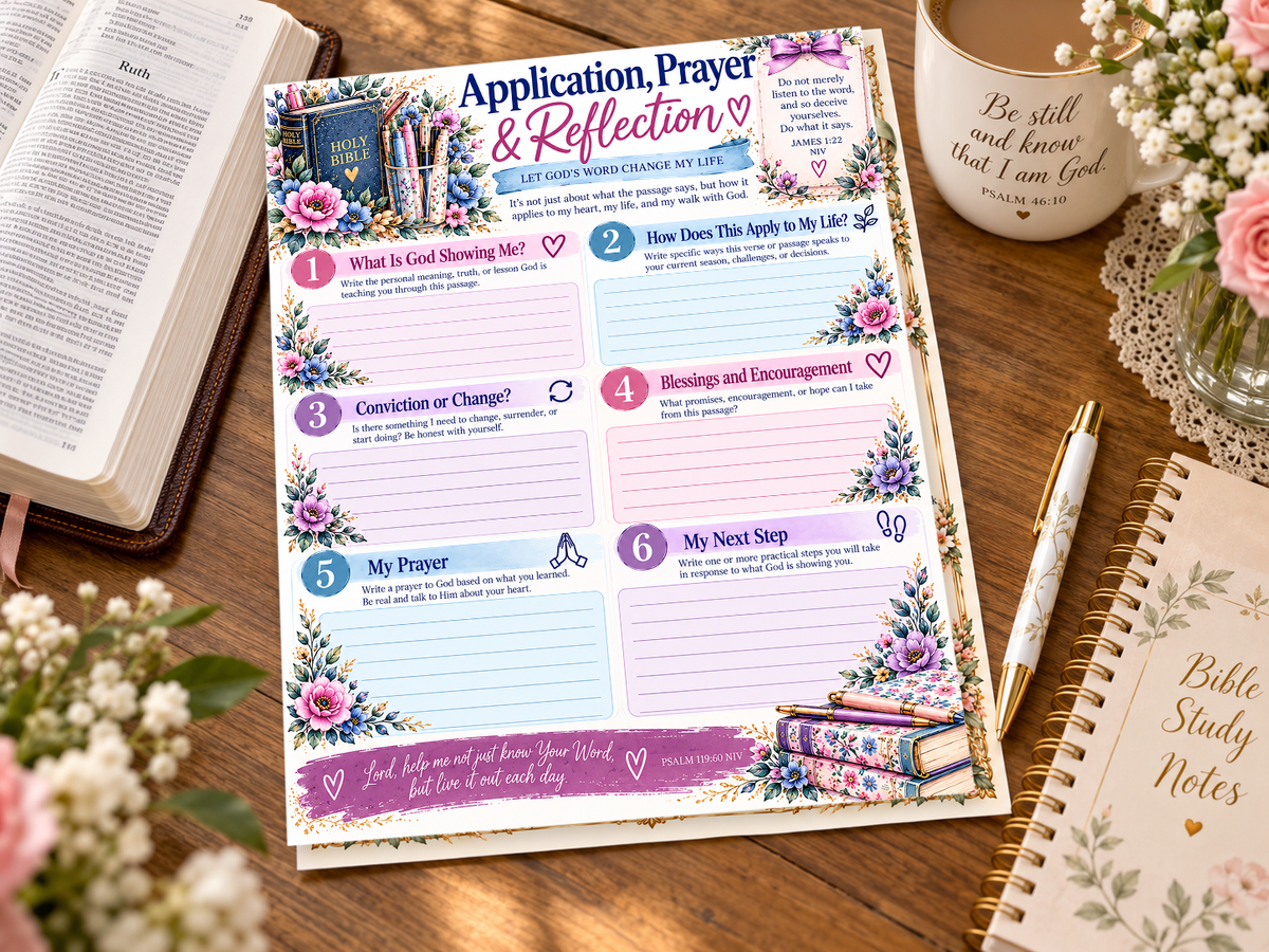 Application Prayer and Reflection printed worksheet styled on a devotional study desk