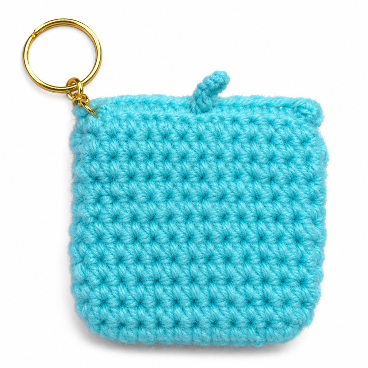 Aqua crochet mini keychain pouch back view