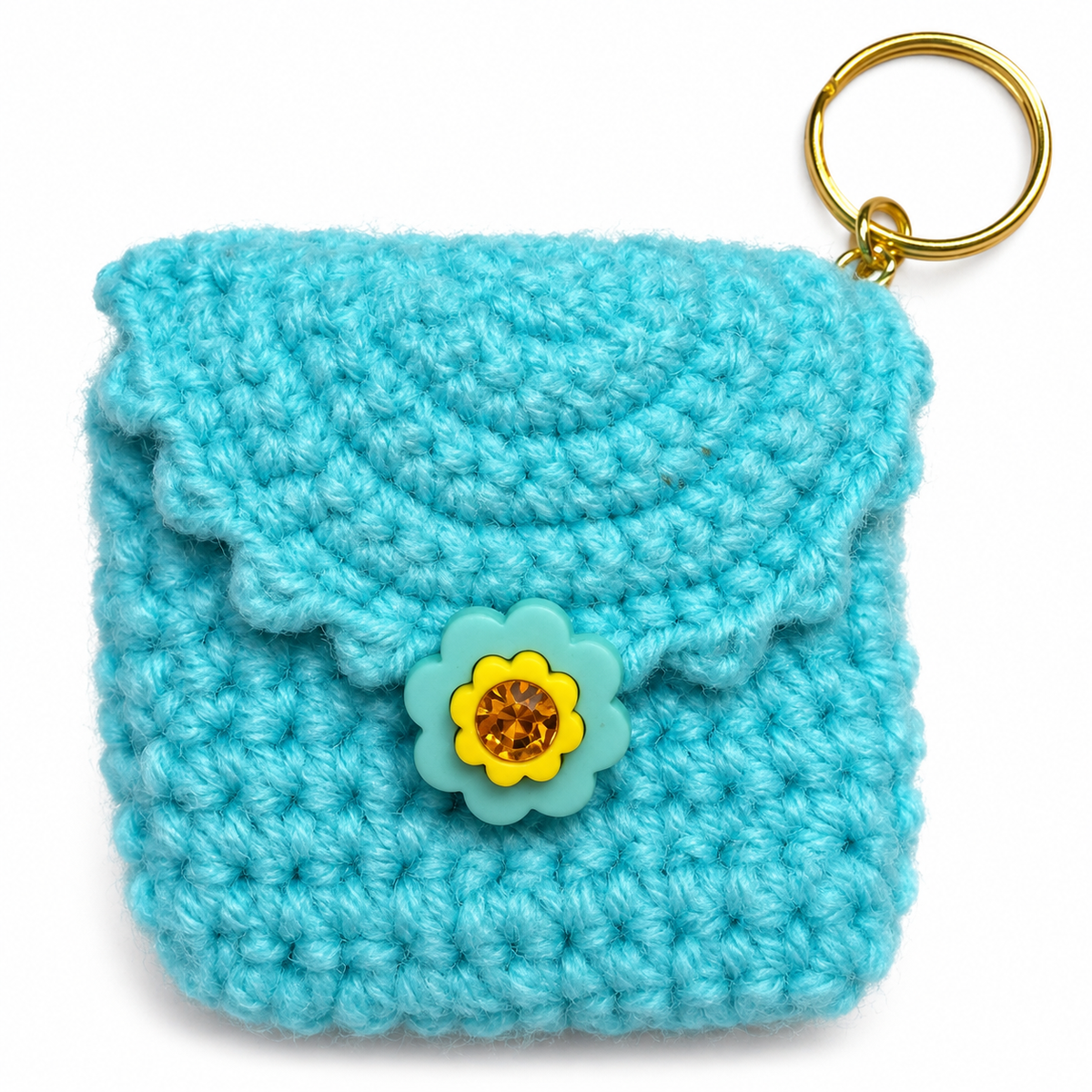 Handmade aqua crochet mini keychain pouch with flower front view
