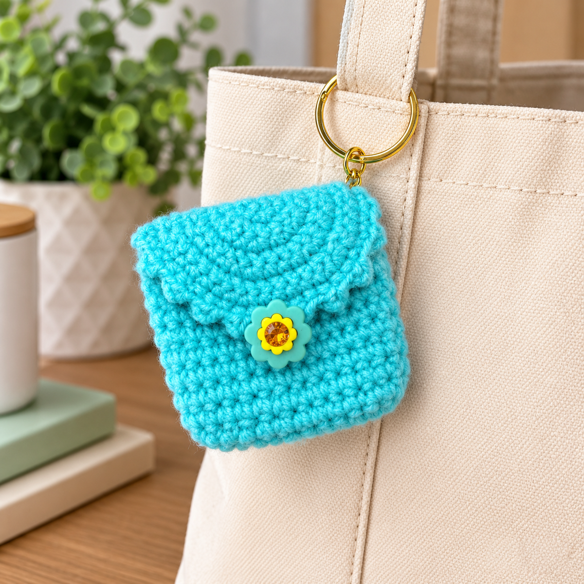 Aqua crochet mini keychain pouch attached to a canvas tote by its gold key ring