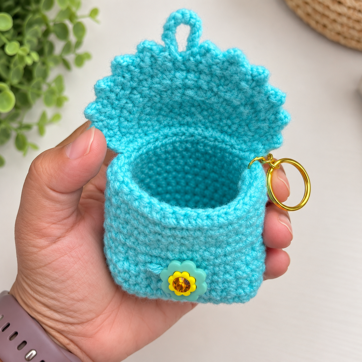 Aqua crochet mini keychain pouch open empty unlined interior