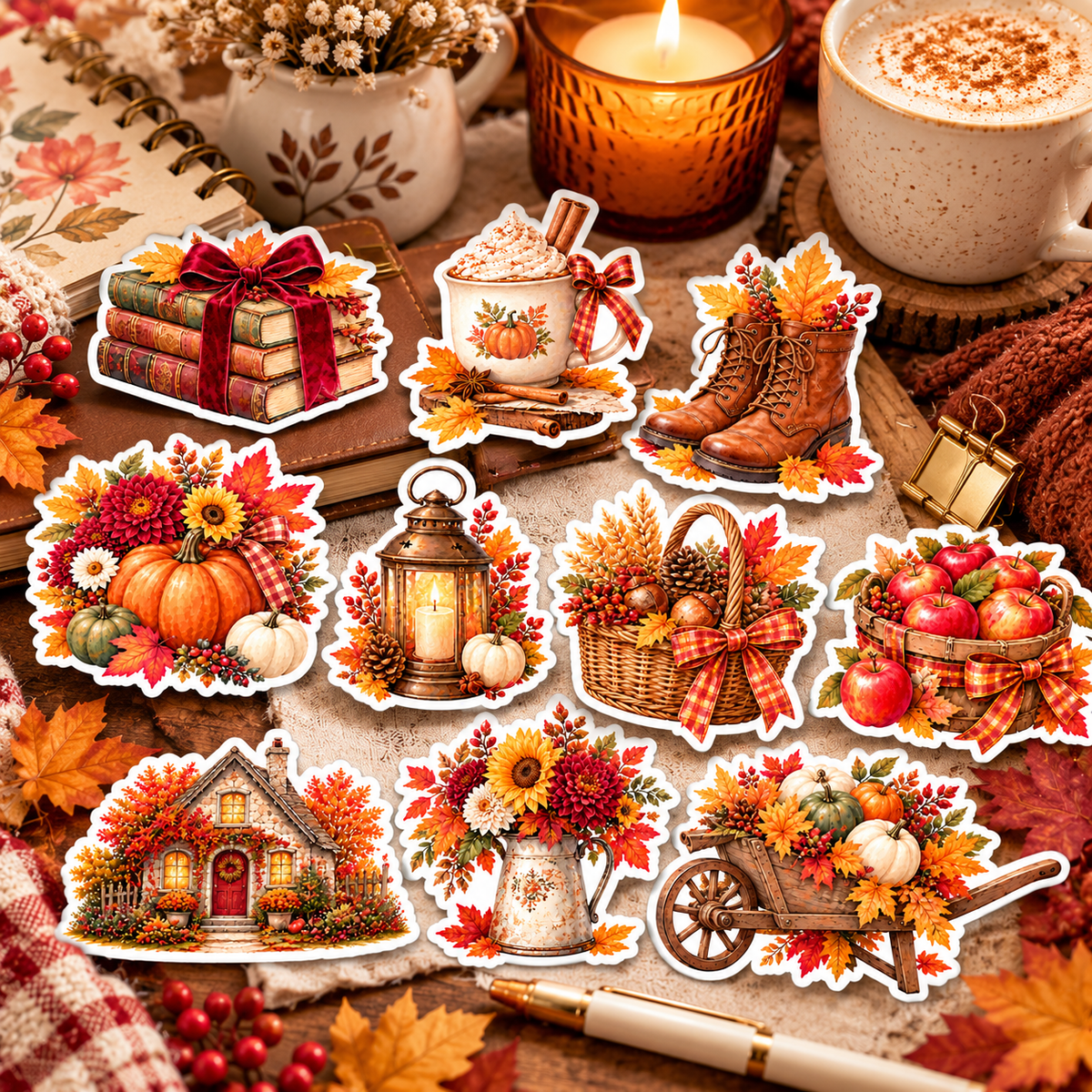 Ten autumn die cut watercolor stickers displayed in flat lay