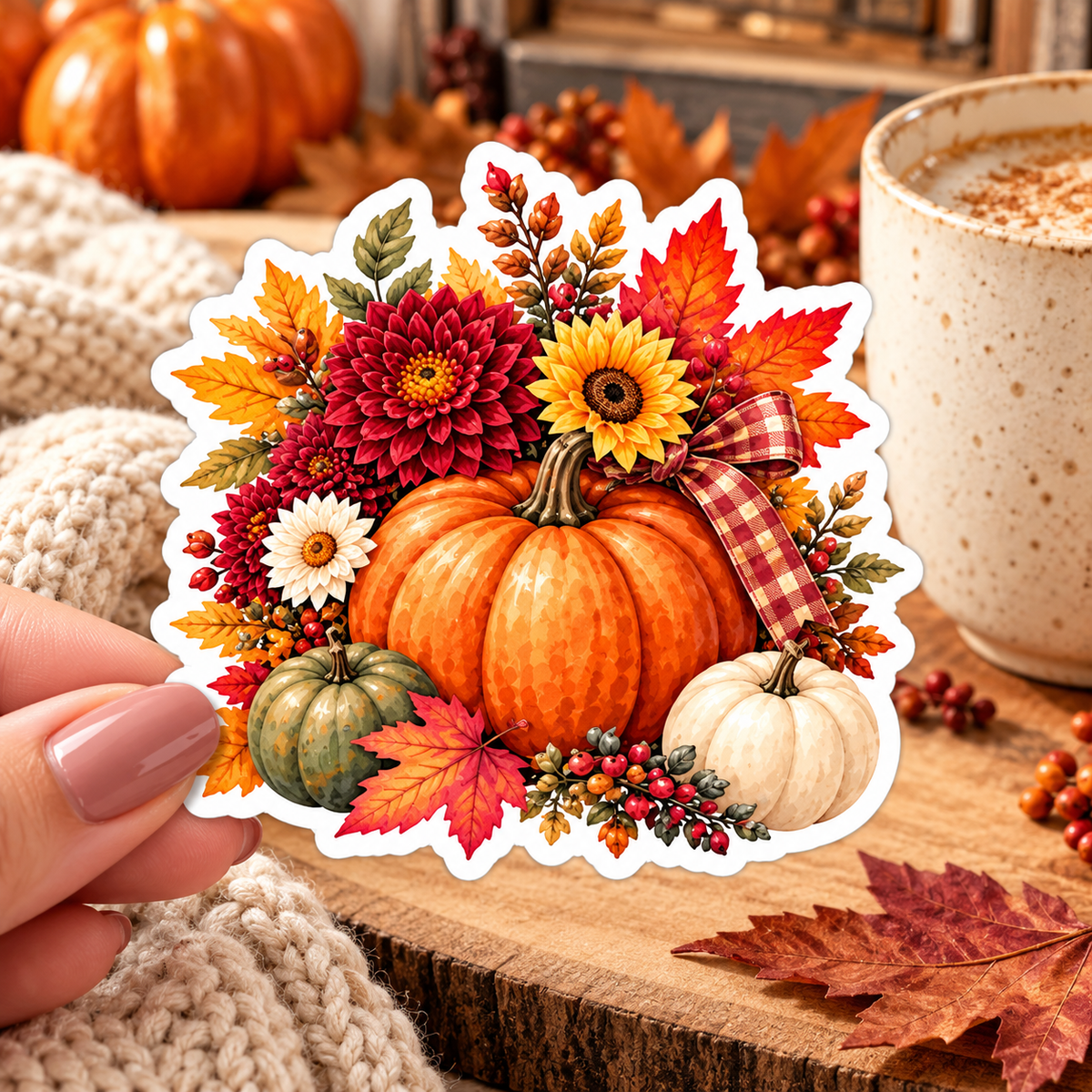 Hand holding autumn pumpkin and flowers die cut sticker