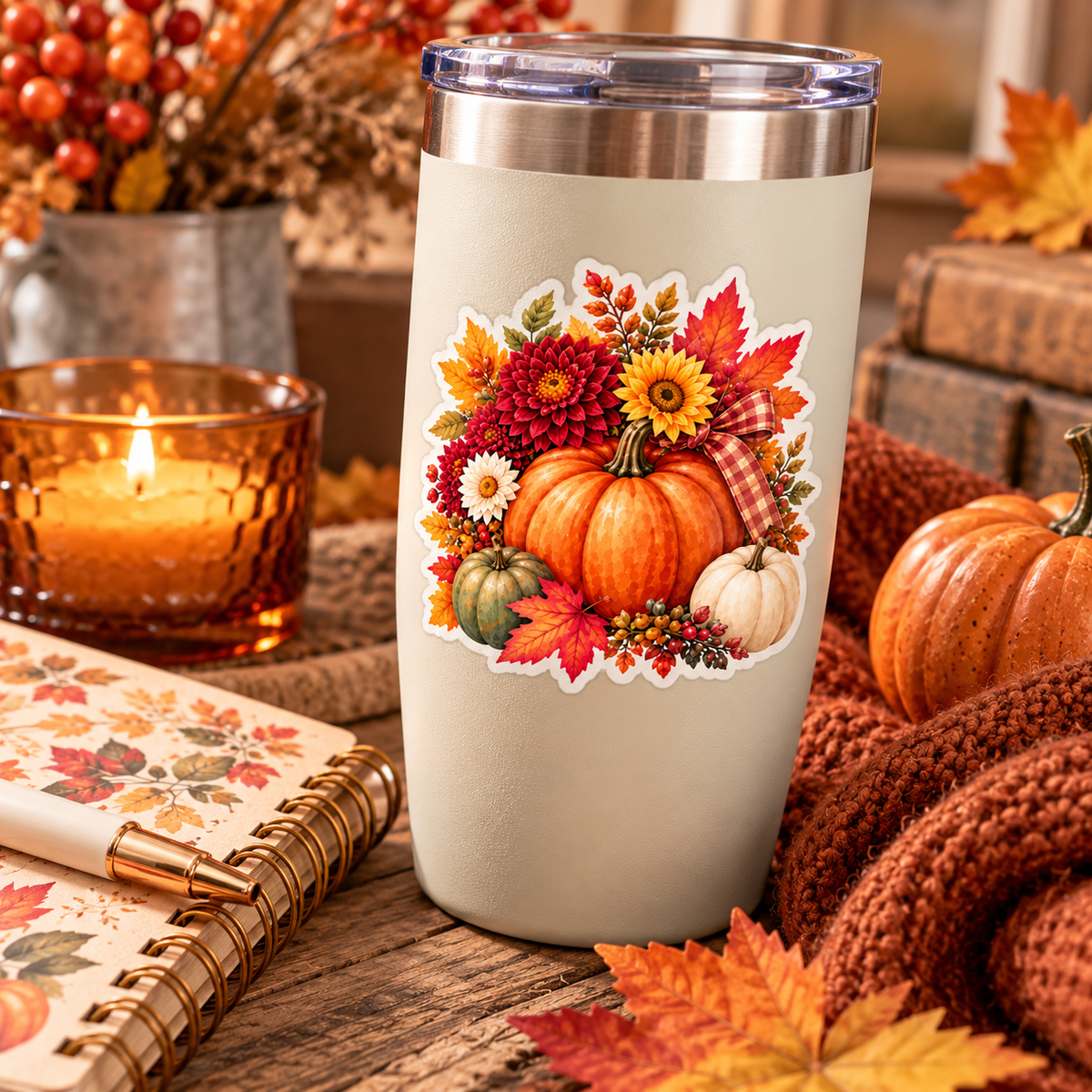 Autumn pumpkin and flowers sticker lifestyle mockup on cream tumbler