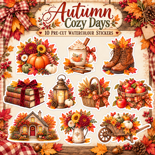 Autumn Cozy Days sticker pack cover with 10 watercolor fall designs