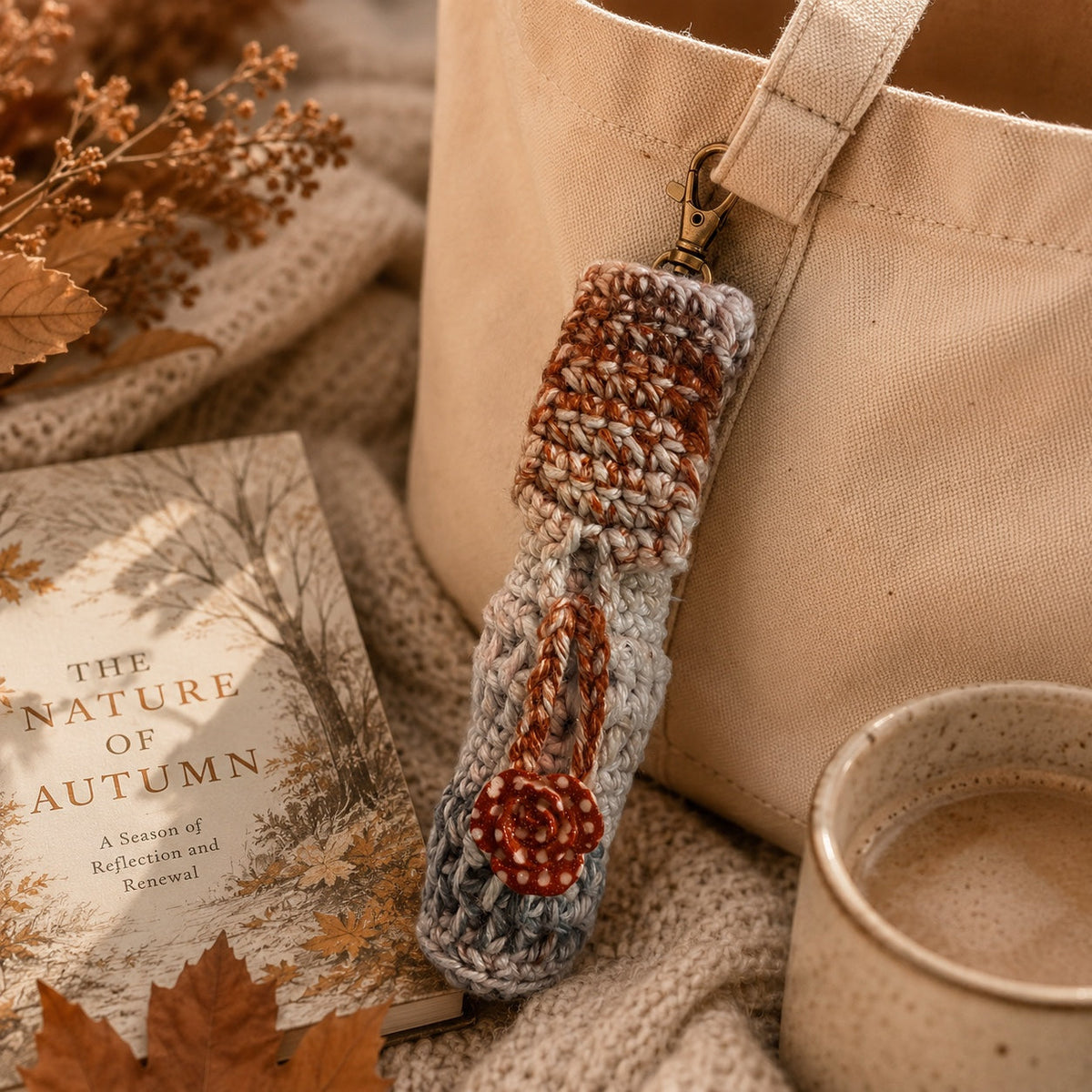 Autumn Frost handmade crochet lip gloss holder keychain lifestyle mockup