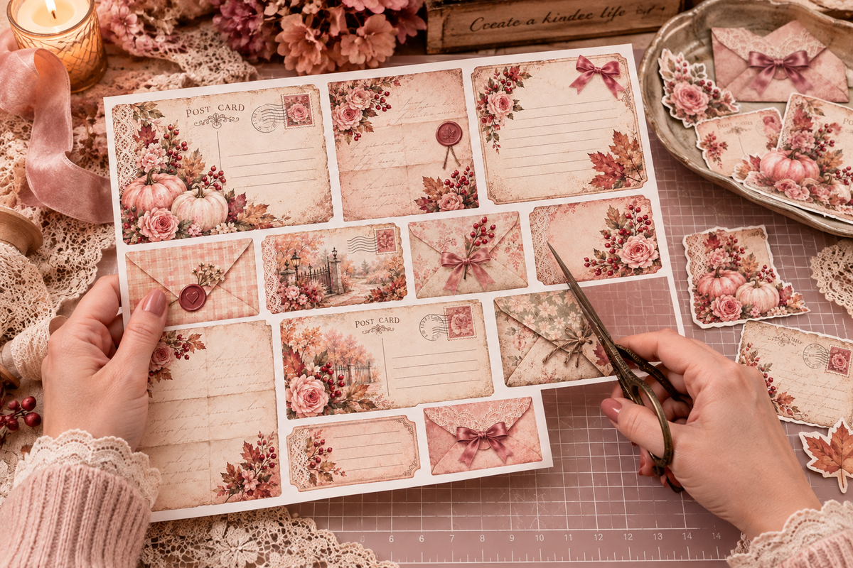 Crafter cutting Autumn in Blush ephemera