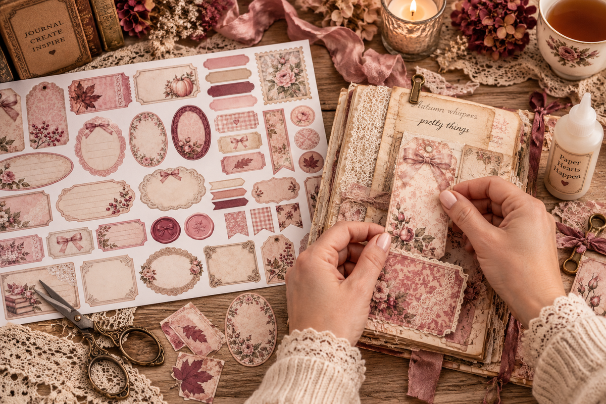 Crafter using Autumn in Blush ephemera in a junk journal